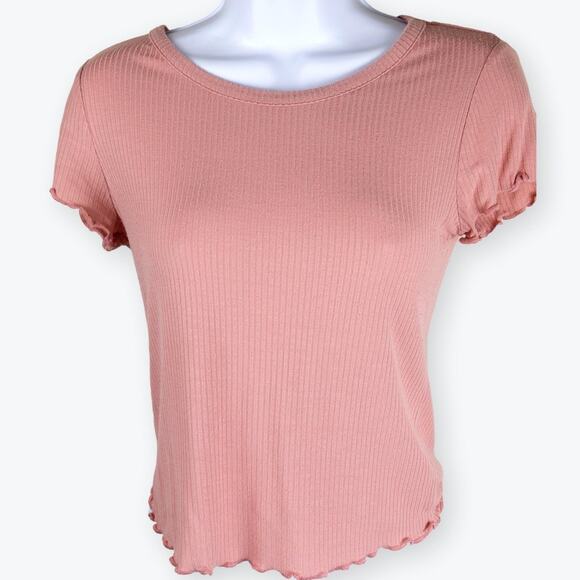 Altar'd State Pink Cropped Scalloped Hem Ribbed Top M - Picture 1 of 6